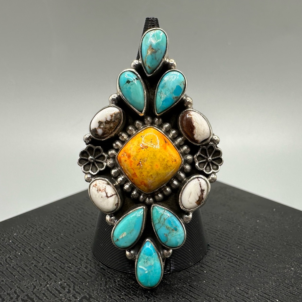 Yellow & Wild Horse Jasper & Turquoise Sterling Silver 925 Handmade Ring Flowers